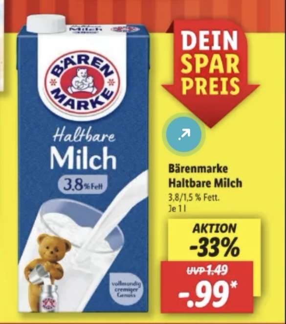 Haltbare Milch 3,8% Bärenmarke Lidl ab 9.11
