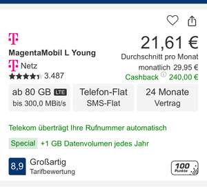 Check24 ohne Logitel Cashback MagentaEins Telekom MagentaMobil Young L unlimited 24,95€/Monat Effektiv 16,61€