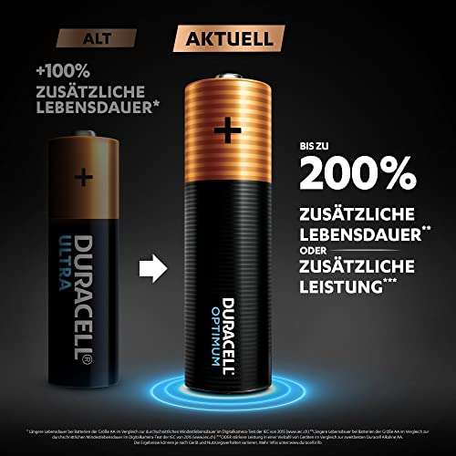 Duracell Optimum AA Mignon Alkaline-Batterien, 1.5V LR6 MX1500, 8er-Pack (Prime)