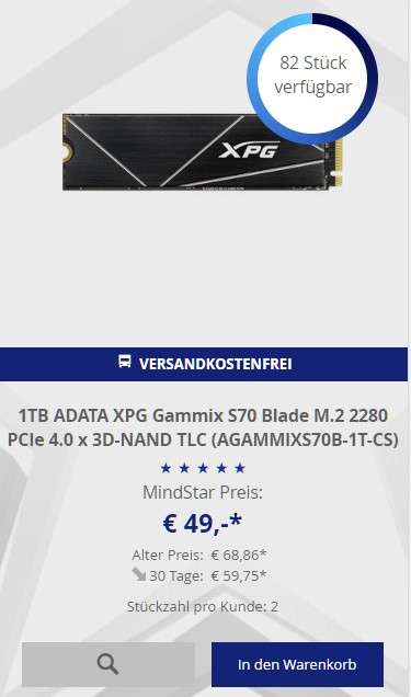 1TB ADATA XPG Gammix S70 Blade M.2 2280 PCIe 4.0 x 3D-NAND TLC (AGAMMIXS70B-1T-CS)