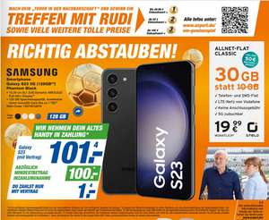 Lokal, Vodafone Netz: Samsung Galaxy S23 im Otelo Allnet/SMS Flat 30GB LTE 19,99€/Monat, 1€ Zuzahlung inkl. 100€ Trade in, 50€ RNM, 0€ AG