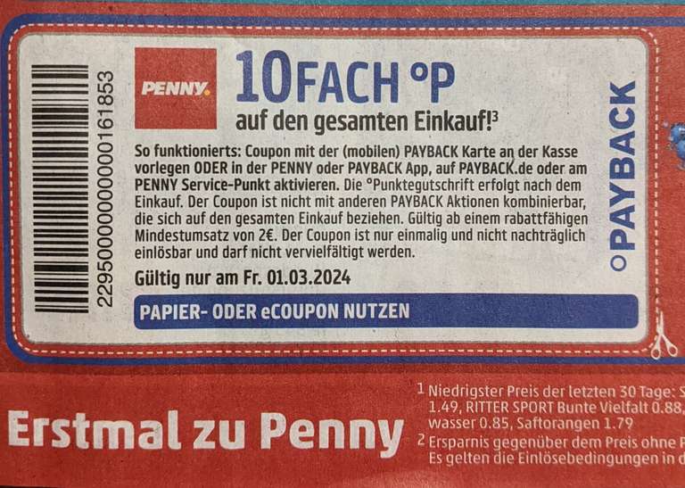 [Penny] [Payback] 10-fach Punkte auf den Einkauf ab 2€ nur gültig am Freitag 01.03.2024 Papier/eCoupon