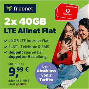 [Vodafone-Netz] 40GB Tarif von freenet für mtl. 11,99€ + Allnet, WLAN Call & VoLTE | bei 2 Tarifen reduziert sich die GG auf 9,99€ mtl.