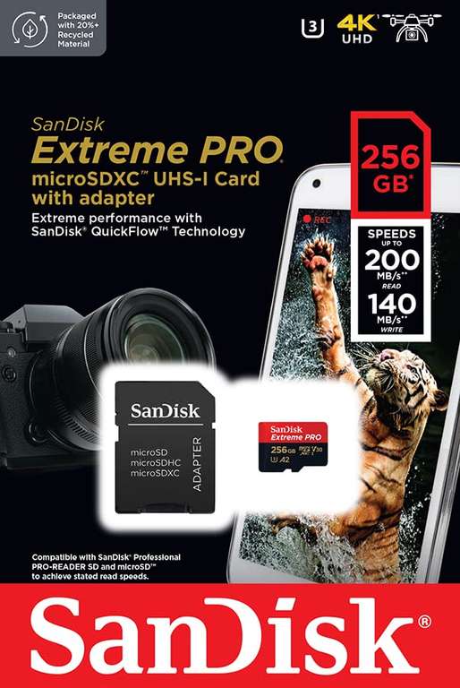 SanDisk 256 GB Extreme PRO microSDXC-Karte + SD-Adapter + RescuePRO Deluxe, bis zu 200 MB/s, UHS-I, Class 10, U3, V30, Switch kompatibel