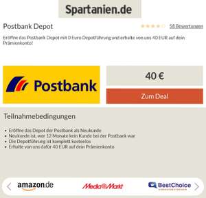 [Postbank + Spartanien] 40,- € Prämie für die Eröffnung eines Postbank Depots, komplett kostenlose Depotführung, Neukunden