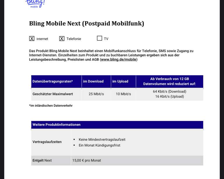 Bling Mobile 25mbits Telekom Netz Familientarif bis zu 25 GB für 10€/Monat inkl. Schweiz