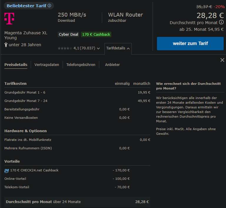 Telekom Young XL DSL 250 MBit/s eff. 25,36€ mtl. & L 100 MBit/s für eff. 20.11€ mtl. mit Check24 Partnerprogramm Magenta Zuhause