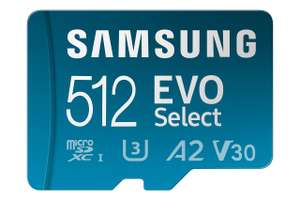Samsung EVO Select microSD-Karte + SD-Adapter, 512 GB, Speicherkarte für Smartphone und Tablet, UHS-I U3, Full HD, PRIME