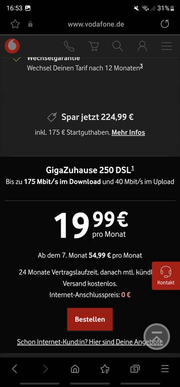 Vodafone GigaZuhause 250 ohne Kombi Bonus