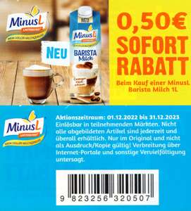 0,50€ Rabatt Coupon für den Kauf einer MINUS L Barista Milch 1L bis 31.12.2023 [nur Kaufland?]