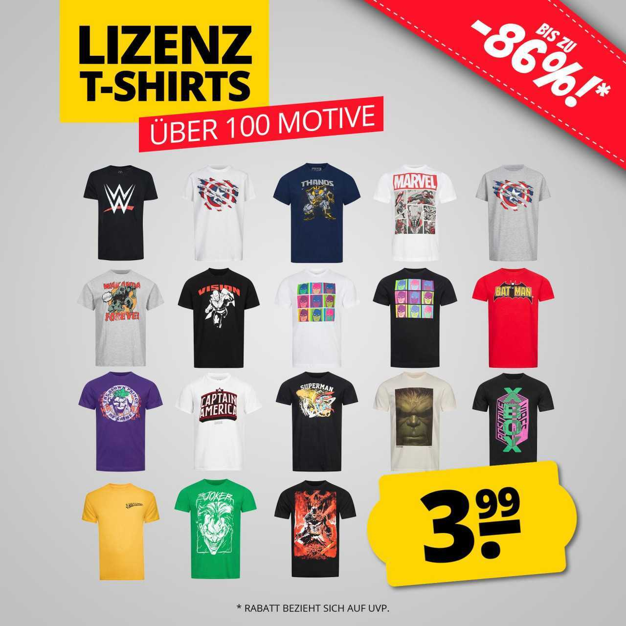 Lizenz T-Shirt Sale | über 100 Popkultur-Motive für 3,99 € + Versand | DC, Anime, Kult-Filme, Marvel und mehr | 100 % Baumwolle