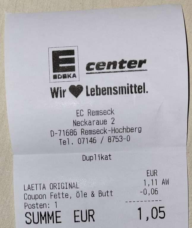 [Lokal E-Center 71686 Remseck-Hochberg] Lätta 600g für 0,50 €