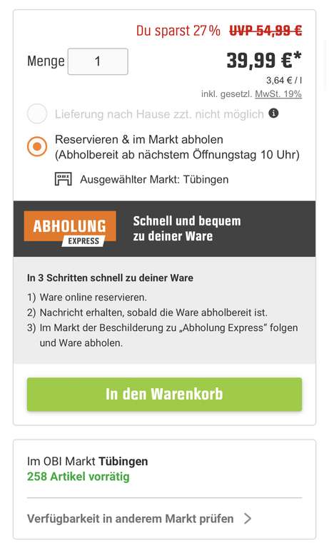 [Lokal Tübingen] Wandfarbe Schöner Wohnen Polarweiss 11l (ohne Obi-App). Bauhaus TPG möglich!
