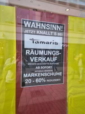 Lokal: Krefeld City Tamaris Räumungsverkau 20 % - 60 % Rabatt auf Markenschuhe und 50 % Rabatt auf Taschen