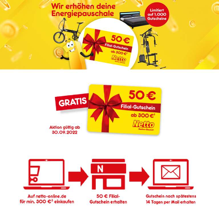 [Netto Onlineshop] Energiepauschale Aktion: Gratis 50€ Filiale-Gutschein ab 300€ Online-Einkauf