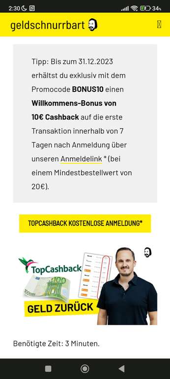 (Neukunden, TopCashback) 10€ zusätzlich bei Neuregistrierung (Mbw. 20)