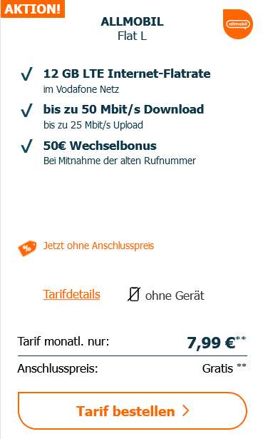 Vodafone Netz, Sim Only: Allnet/SMS Flat 12GB LTE (Aktion +20%) für 7,99€/Monat dauerhaft, mit 50€ Wechselbonus eff. 5,91€/Monat