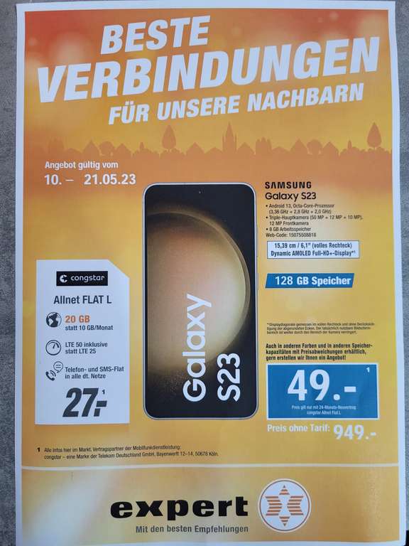 Samsung Galaxy S23 (versch. Farben) im Congstar Neuvertrag - Rechnerisch ~ 3,20€ pro Monat! (nach Hardwareverkauf)