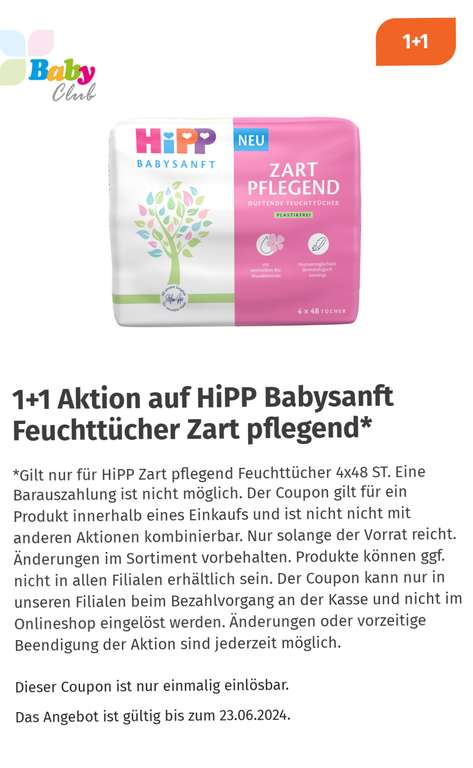 Müller App Baby Club - 1+1 Aktion Hipp Babysanft Feuchttücher zartpflegend - 8x48 Stück zum Preis von 4x48 Stück