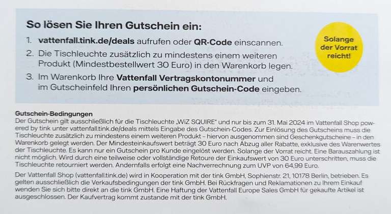 Vattenfall + Tink Gutscheine: Gratis WiZ SQUIRE (MBW 30 Eur) oder gratis Harman Kardon Luna (MBW 399 Eur) (personalisiert)