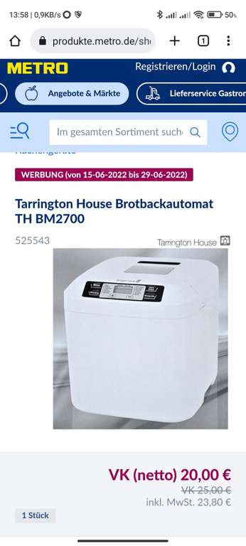 Tarington House Brotbackautomat BM2700, METRO offline