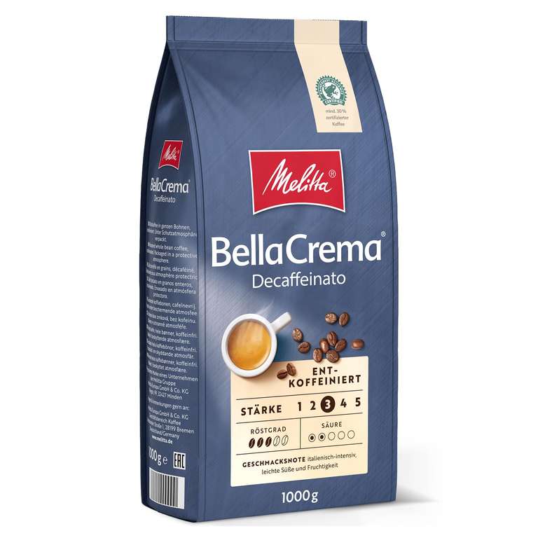 Melitta BellaCrema Decaffeinato Ganze Kaffee-Bohnen entkoffeiniert 1kg, ungemahlen (Prime)