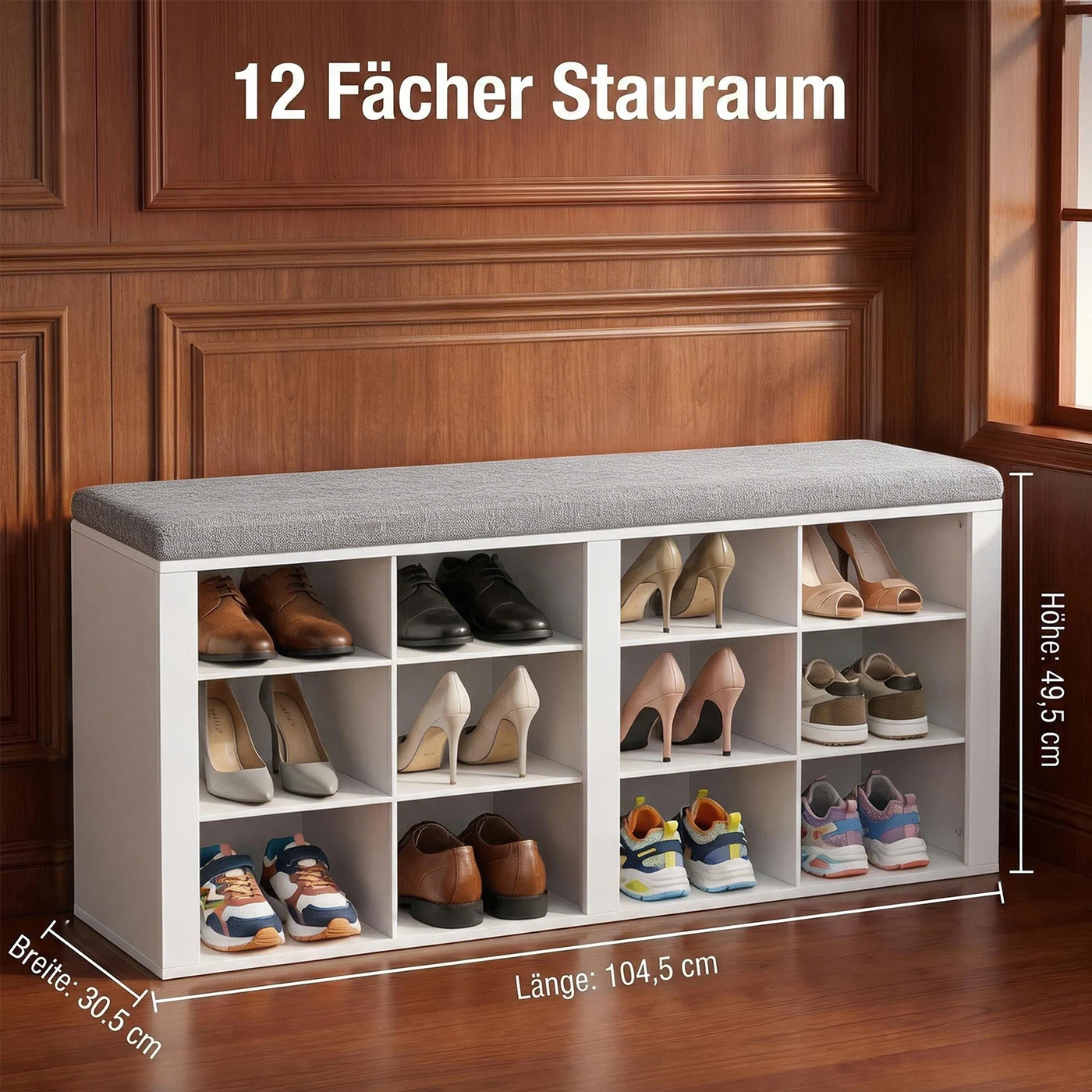 HaluPeit Schuhbank mit Sitzfläche, Schuhschrank mit Bank und 12 Fächern, verstellbare Regalböden, bis 150 kg, Weiß und Grau