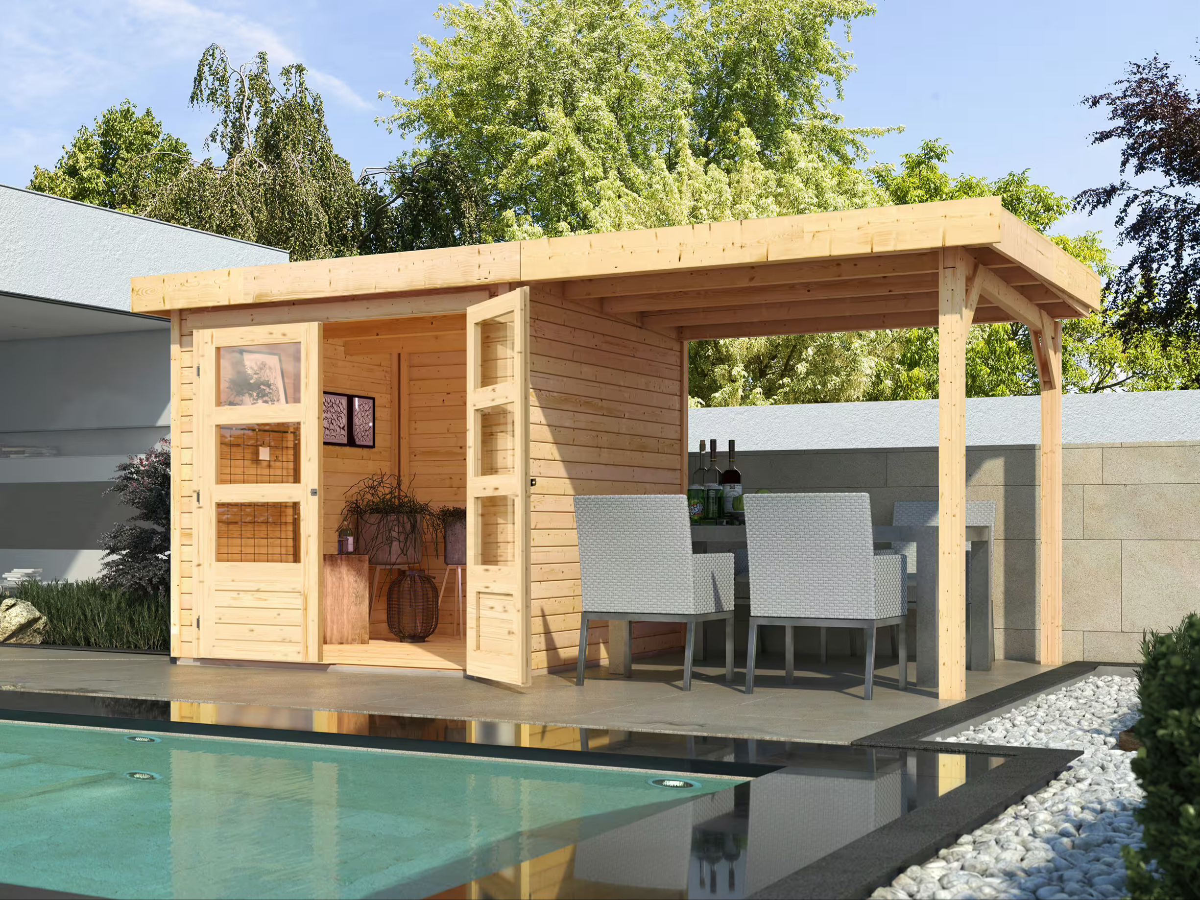 Gartenhaus / Gerätehaus Ketola 2 Spar-Set mit 240 cm Seitendach für 1.619€ inkl. Versand | 9,4 m²