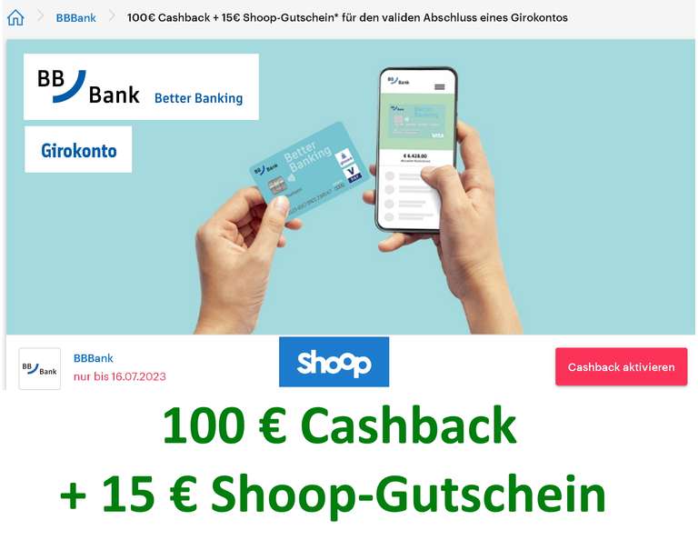 [BBBank + Shoop] 100€ Cashback + 15€ Shoop-Gutschein* für Abschluss eines Girokontos (Junges Konto, Mehrwertkonto, KSC-Fankonto), Neukunden