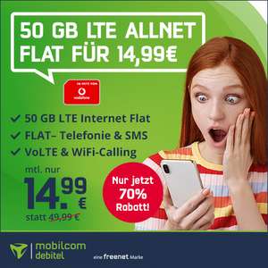[Vodafone-Netz] 50GB green LTE Tarif für 14,99€ / Monat von mobilcom-debitel mit VoLTE, WLAN Call & Allnet- & SMS-Flat + 19,99€ AP