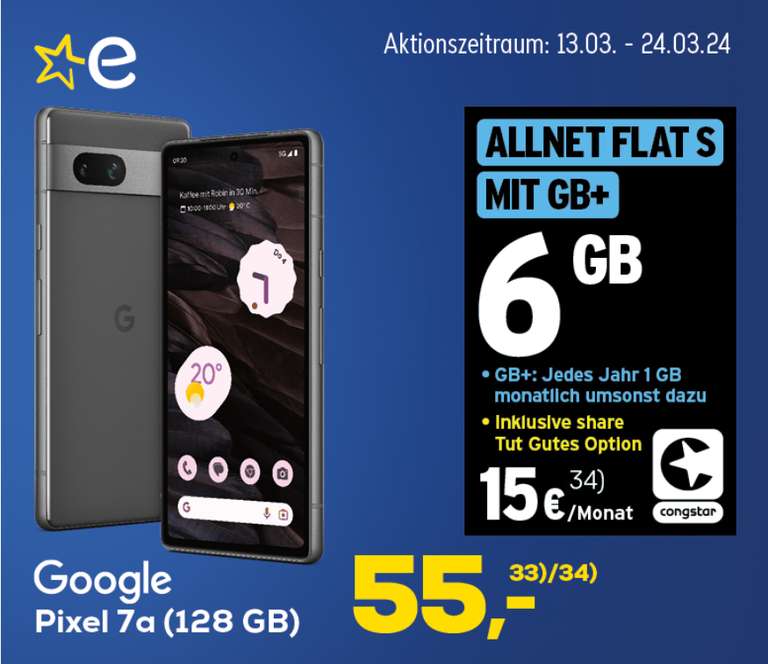 Lokal, Telekom Netz: Google Pixel 7a im Congstar Allnet/SMS Flat 4GB LTE+ 12€/Monat, 55€ Zuzahlung durch Tarifwechsel