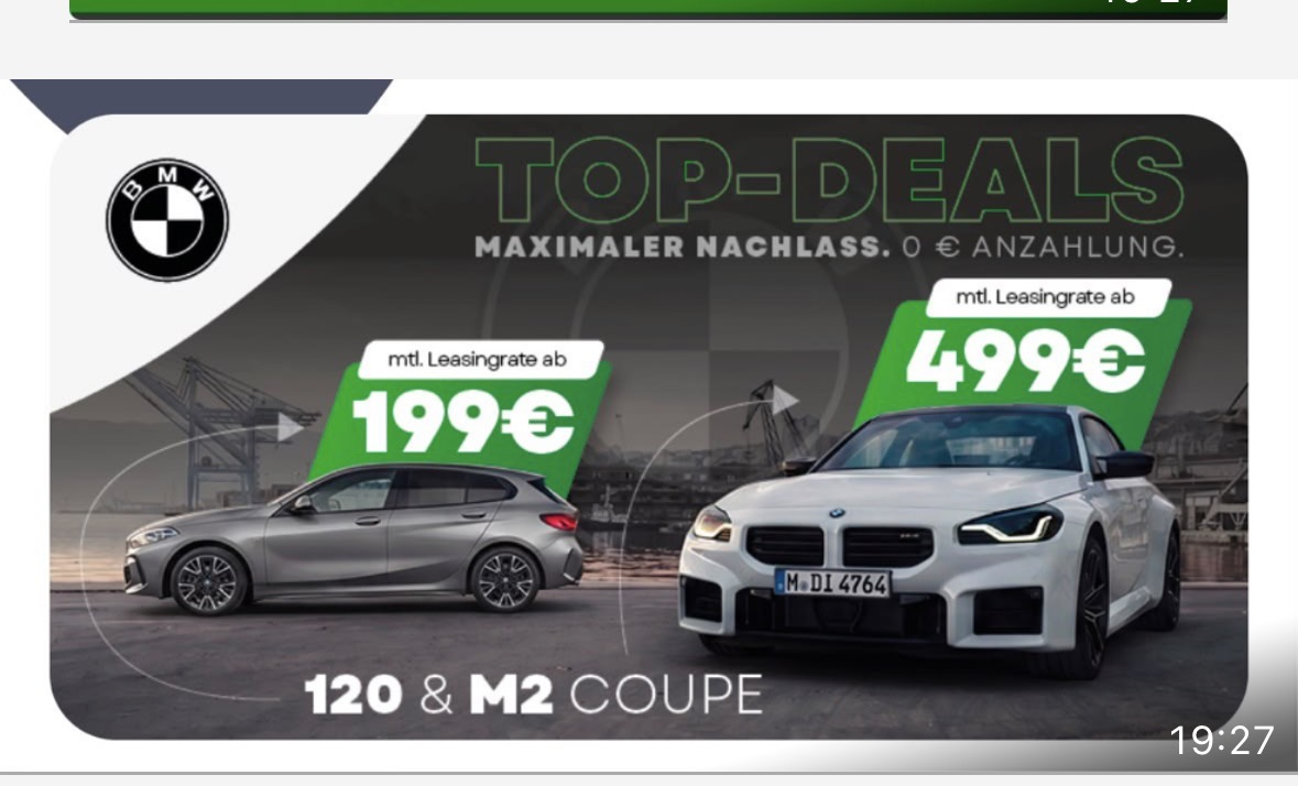 CB [Privat] BMW 120 ab 199 € mtl. (LF 0,51) oder BMW M2 ab 499 € mtl. (LF 0,64) | freie Konfiguration | 24 Monate | BMW Bank| 5000KM