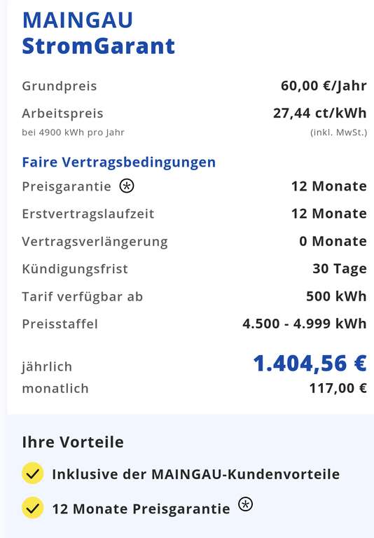Maingau Strom 4900kWh - 27,44 ct/kWh + 5€/Monat Grundgebühr - 12 Monate Preisgarantie - z.B. München - 35€ Shoop CB - auch gute Gaspreise