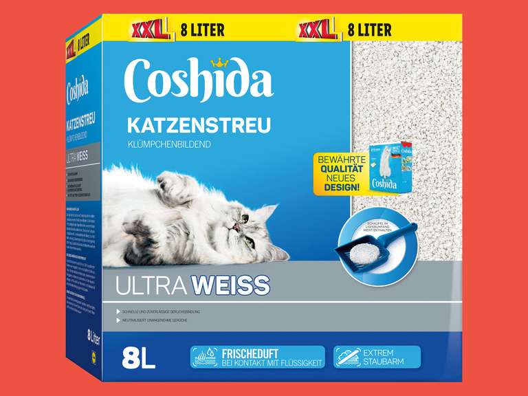 Lidl Filialen Coshida Katzenstreu Ultra weiss XXL // 2 Liter gratis // 25% Gratis