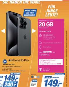 Lokal (NRW?) Telekom Young MagentaEins Apple iPhone 15 Pro Telefonie Flat 40GB 5G für 29,95€ mtl., 39,99€ AG, 149€ Zuzahlung