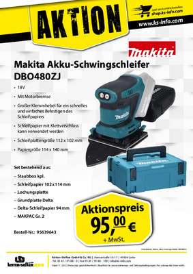 Makita Akku Schwingschleifer DBO480ZJ (Großhandel Kötter und Siefker in Lotte-Büren)