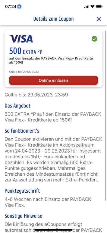 500 EXTRA °P bei Einsatz der PAYBACK Visa Flex+ Kreditkarte (personalisiert)
