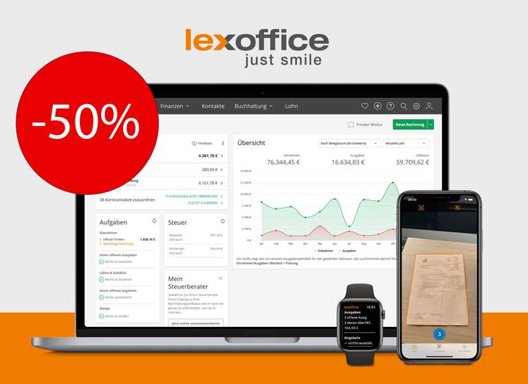 [LEXOFFICE] -50% auf ALLE Pakete für die Buchhaltungssoftware inkl. Ust Voranmeldung, DATEV-Connect und digitaler Belegerkennung (3 Monate)