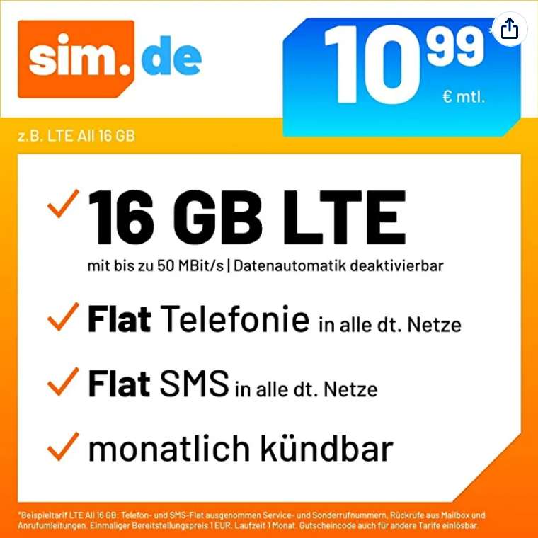 Sim Only, Telefonica: Allnet/SMS Flat 5GB LTE 4,99€/Monat, 7GB 6,99€/Monat, 16GB 10,90€/Monat, monatlich kündbar, 1€ Anschlussgebühr