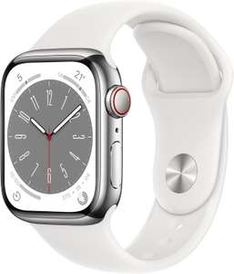 Apple Watch Series 8 41mm Edelstahl GPS+Cellular Silber Sportarmband Weiß (Eff. 445€ - Topcahback 6%)