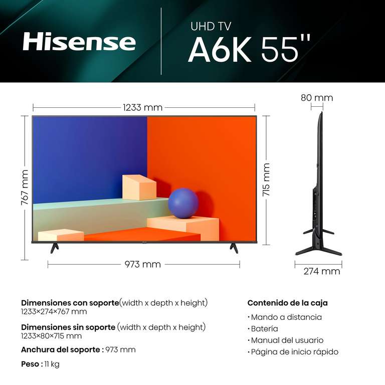 Smart TV HISENSE 55A6K Smart TV (Flat, 55 Zoll / 139 cm, UHD 4K, SMART TV,  VIDAA)