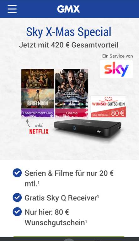 GMX / WEB.de Sky X-Mas Special Netflix Paramount Sky 80€/100€ Wunschgutschein gratis Receiver
