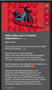 [Lokal Frankfurt / Main] Über Freenow TIER Free Bike Rabatt (bis zu 5€ bei bis zu 3 Fahrten)