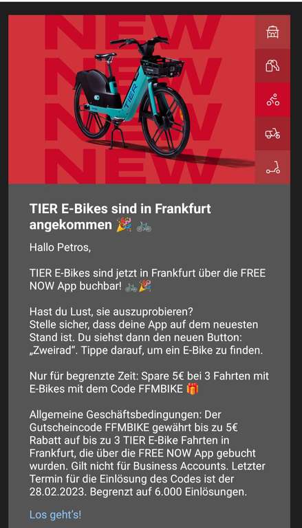 [Lokal Frankfurt / Main] Über Freenow TIER Free Bike Rabatt (bis zu 5€ bei bis zu 3 Fahrten)