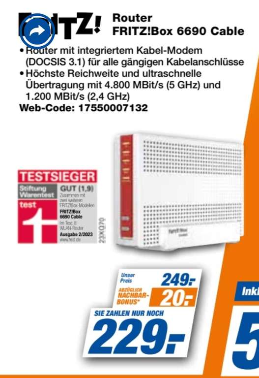 Lokal Expert Technikmarkt Gruppe AVM FRITZ!BOX 6690 Cable (Wi-Fi 6 (WLAN AX), Kabel)