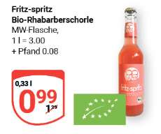 [Globus Rostock] Fritz Bio Spritz - Rharbarberschorle - 0,33l Flasche - Lokal