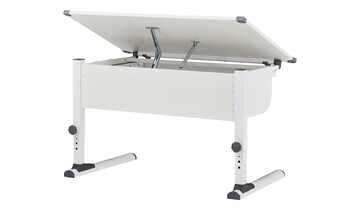 Höhenverstellbarer Schreibtisch mit kippbarer Ablage, in Weißmetall, 110x68x55-78 cm