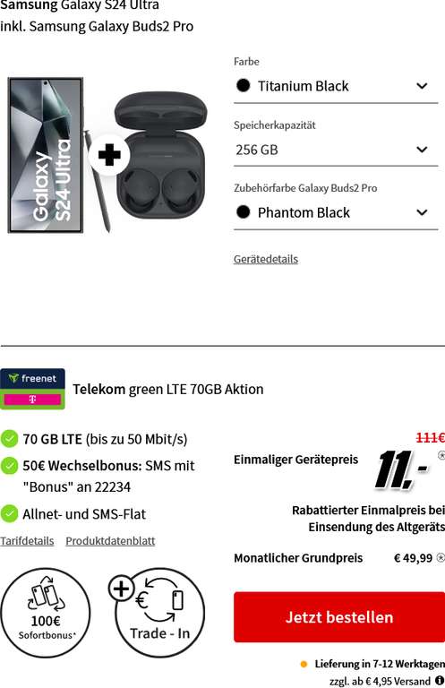 Samsung Galaxy S24 Ultra & Galaxy Buds2 Pro & 100€ Trade in & 50€ RNM im Vodafone/Telekom 49,99€/Monat, 11€ Zuzahlung