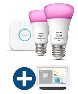 Bundle: Philips Hue White & Color Ambiance E27 Starter Kit (2x 9W LED-Lampe + Bridge) & Google Nest Hub (2. Gen)