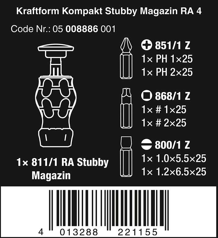 Wera Kraftform Kompakt Stubby Magazin RA 4, Stubby Ratschenschraubendreher mit Bit Magazin, 6-teilige